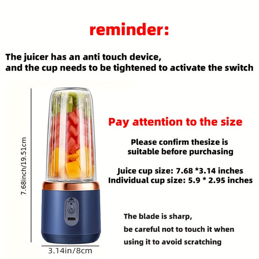 1 400ml Wireless Portable Electric Juicer | Vibrating Screen, Type-C Charging Juicer with Dual Cups, Multi-Functional Juice Cup Blender for Vegetables, Fruits, and Smoothies