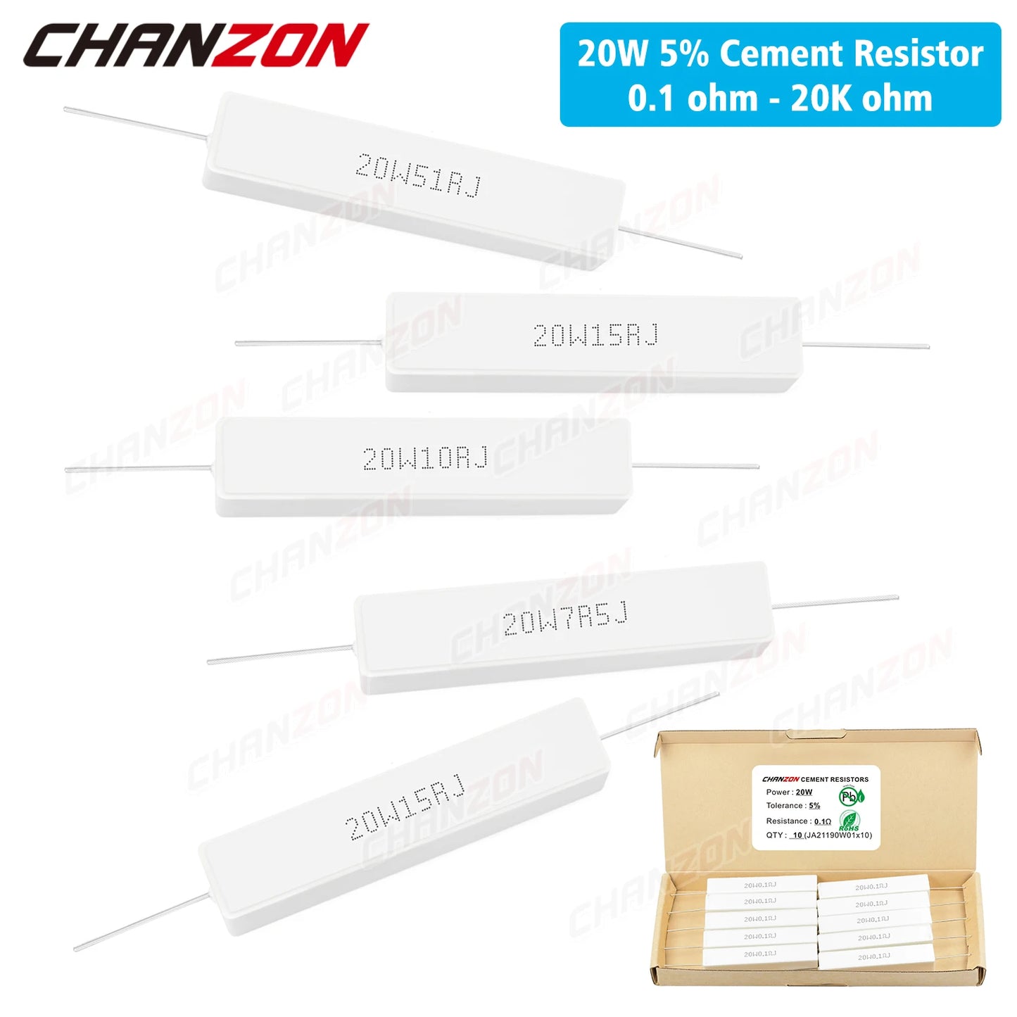 10 pièces 20W 5% résistances bobinées de ciment 0.1 - 20K Ohm 20Watt résistance céramique enroulée de fil fixe inductif 0.33 1 2.5 10 15 2R2