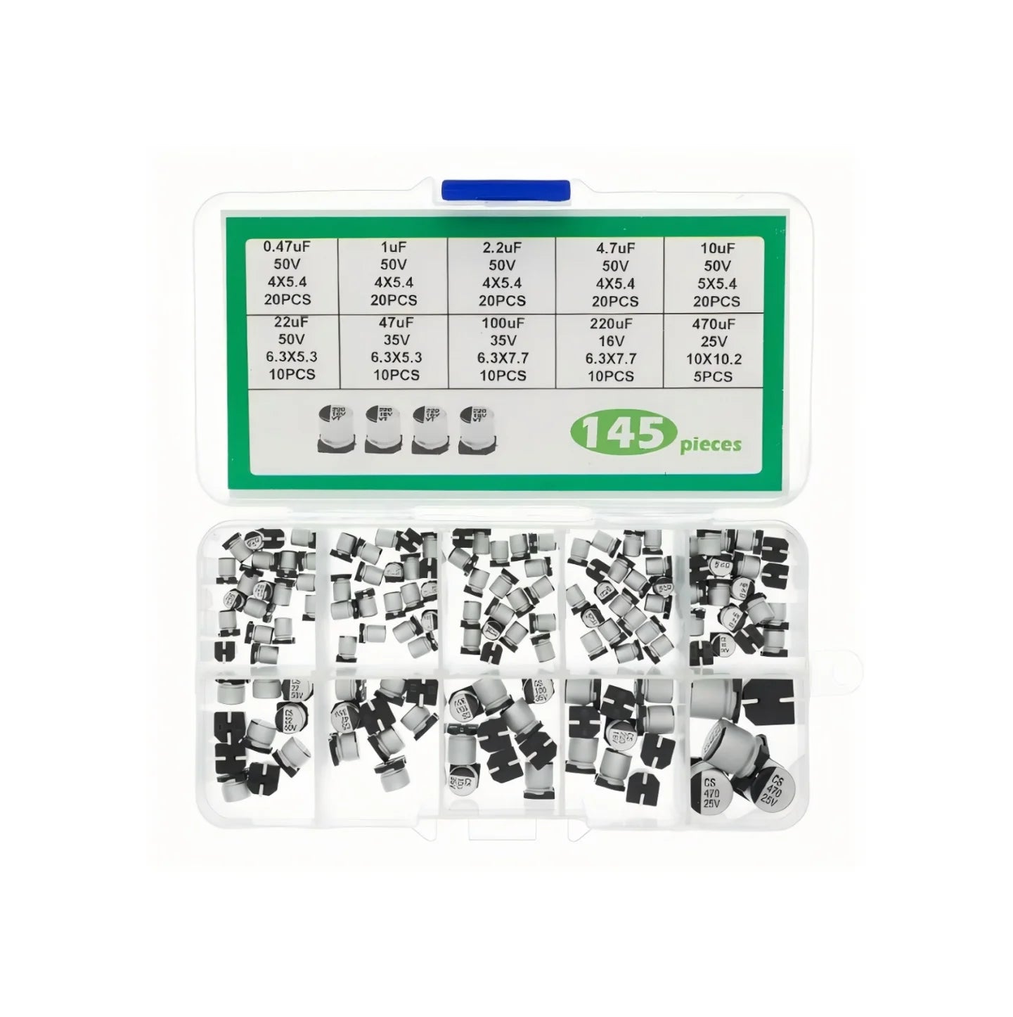 145 pièces/400 pièces kit condensateur électrolytique en aluminium SMD condensateurs electrolíticos 1uF ~ 1000uF 6.3V-50V 10/24 valeur avec kit de boîte