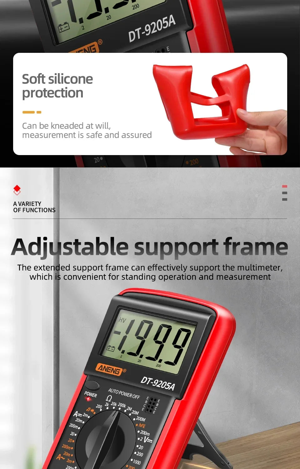 ANENG DT9205A multimètre numérique testeur de Transistor AC/DC compteur de Test électrique NCV professionnel analogique gamme automatique multimètre