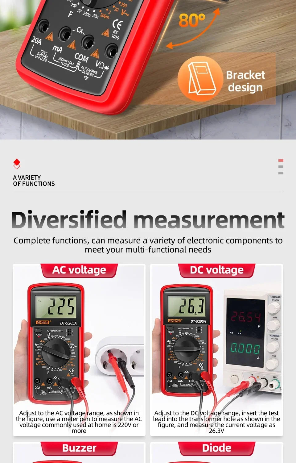 ANENG DT9205A multimètre numérique testeur de Transistor AC/DC compteur de Test électrique NCV professionnel analogique gamme automatique multimètre