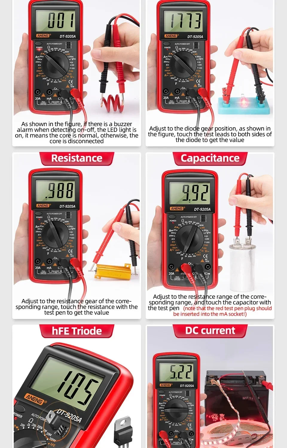ANENG DT9205A multimètre numérique testeur de Transistor AC/DC compteur de Test électrique NCV professionnel analogique gamme automatique multimètre