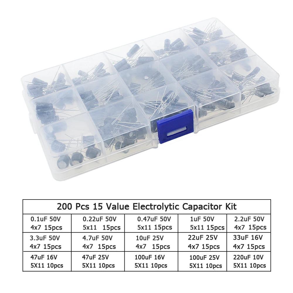 120/200/500 pièces 16V 25V 50V 0.1uF - 1000uF condensateur électrolytique en aluminium Kit assorti boîte 1uF 4.7uF 10uF 47uF 220uF 330uF 470uF
