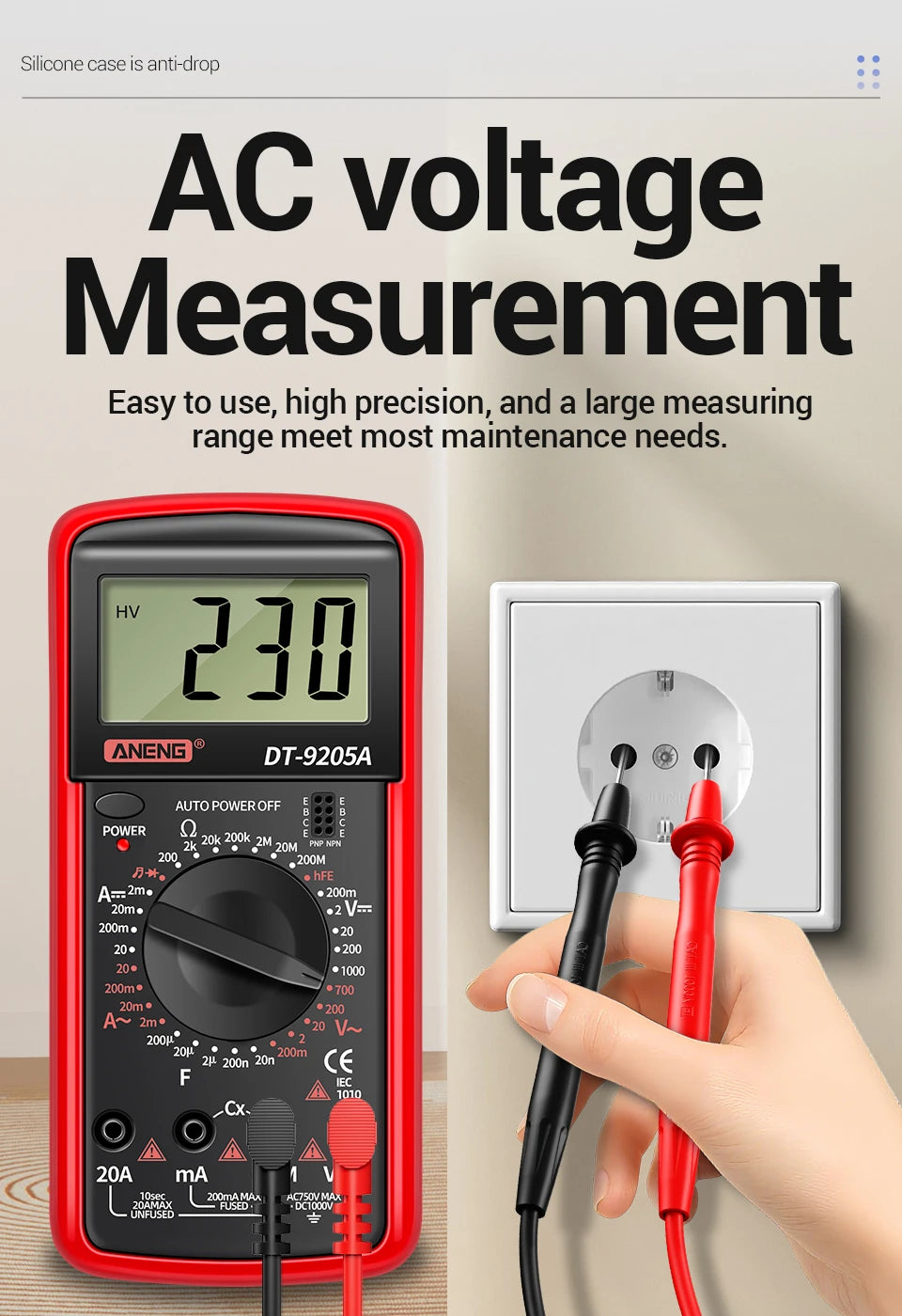 Multimètre numérique professionnel ANENG DT9205A 1999 points True RMS testeur de tension de Transistor AC/DC outil multimètre à plage automatique