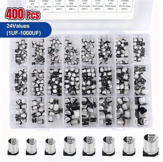145 pièces/400 pièces kit condensateur électrolytique en aluminium SMD condensateurs electrolíticos 1uF ~ 1000uF 6.3V-50V 10/24 valeur avec kit de boîte