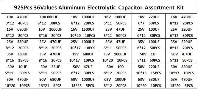 Kit d'assortiment de condensateurs électrolytiques en aluminium, 925 pièces, 36 valeurs, faible ESR 1uF 4.7uF 10uF 22uF 47uF 100uF 220uF 330uF 470uF