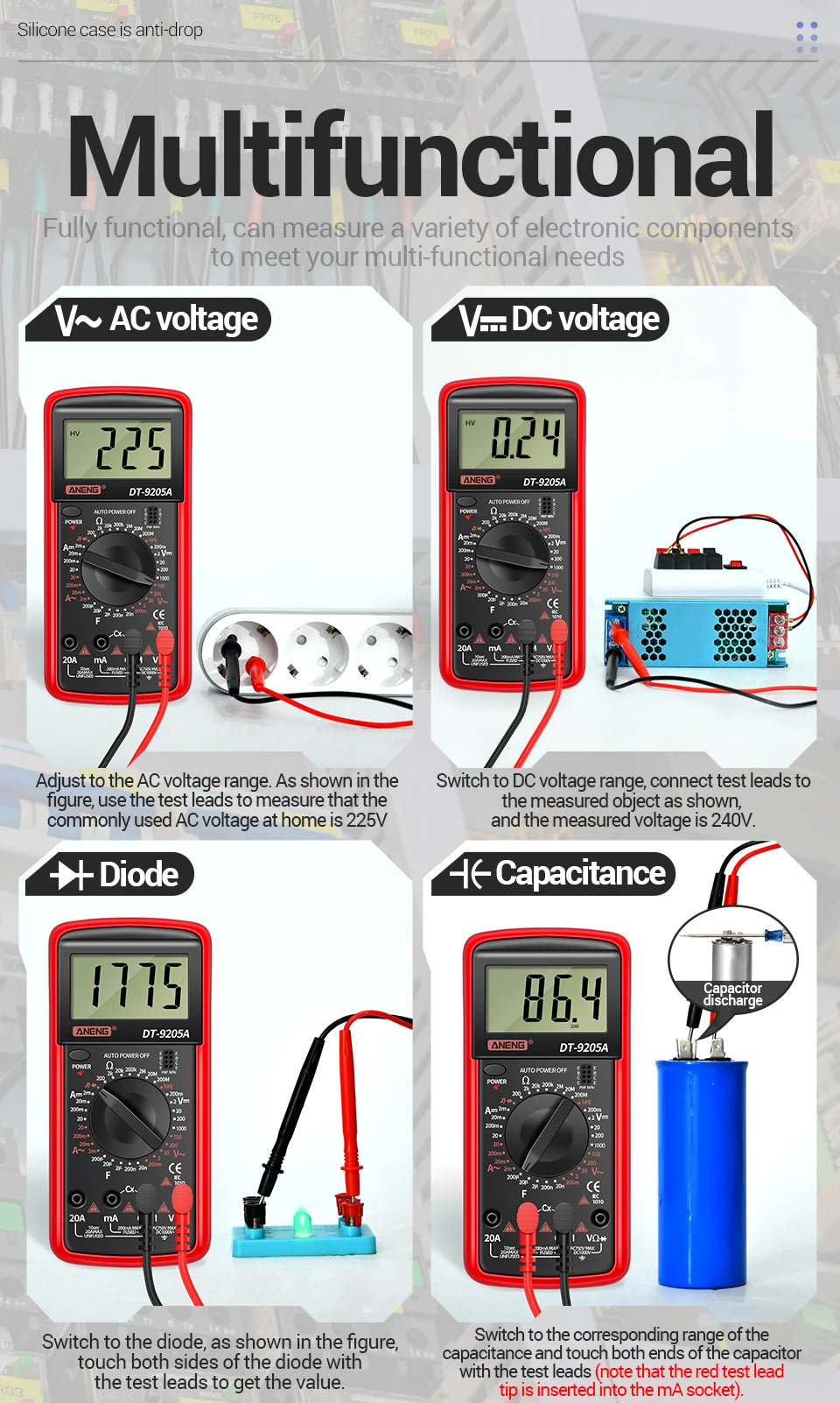 Multimètre numérique professionnel ANENG DT9205A 1999 points True RMS testeur de tension de Transistor AC/DC outil multimètre à plage automatique
