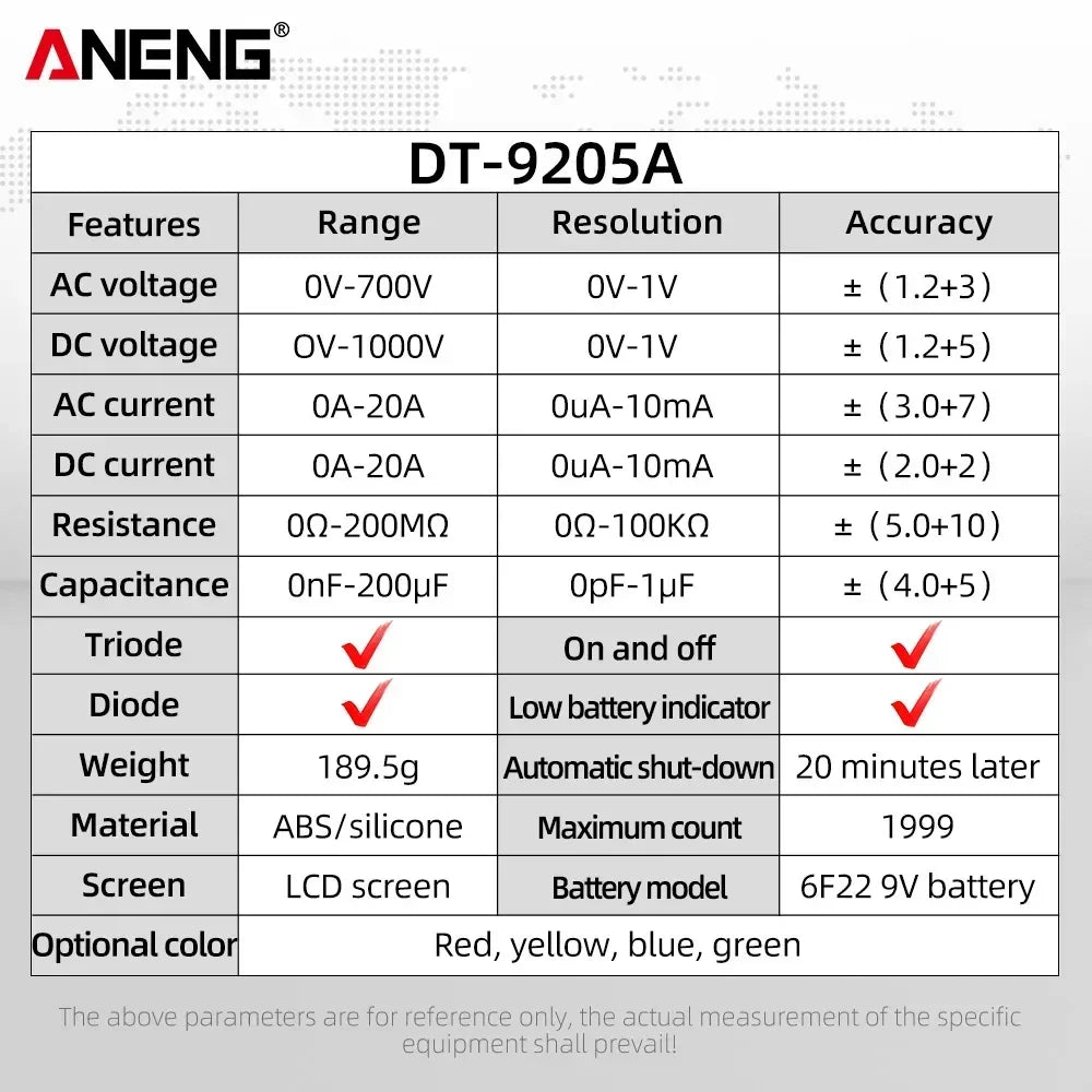 ANENG DT9205A multimètre numérique testeur de Transistor AC/DC compteur de Test électrique NCV professionnel analogique gamme automatique multimètre