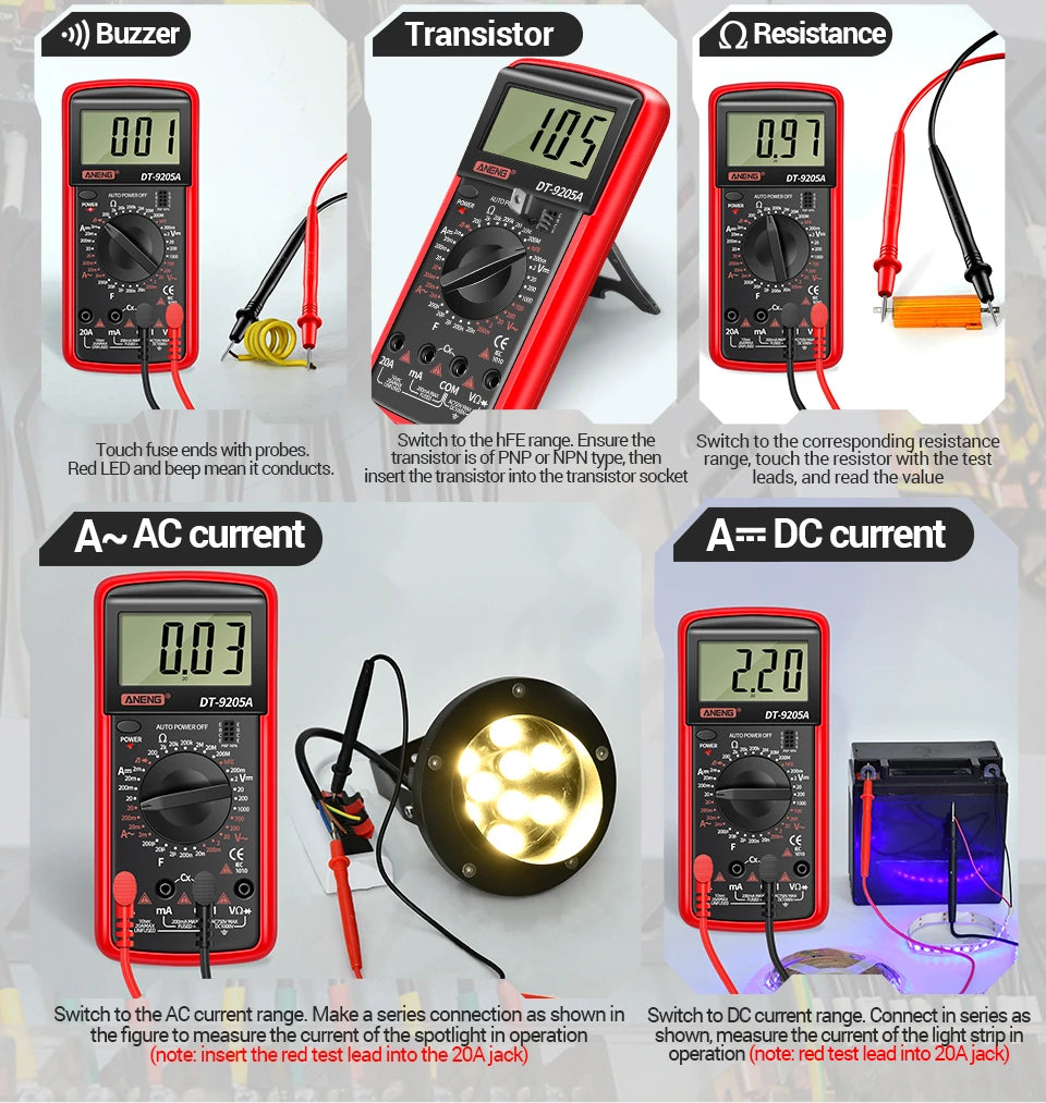Multimètre numérique professionnel ANENG DT9205A 1999 points True RMS testeur de tension de Transistor AC/DC outil multimètre à plage automatique