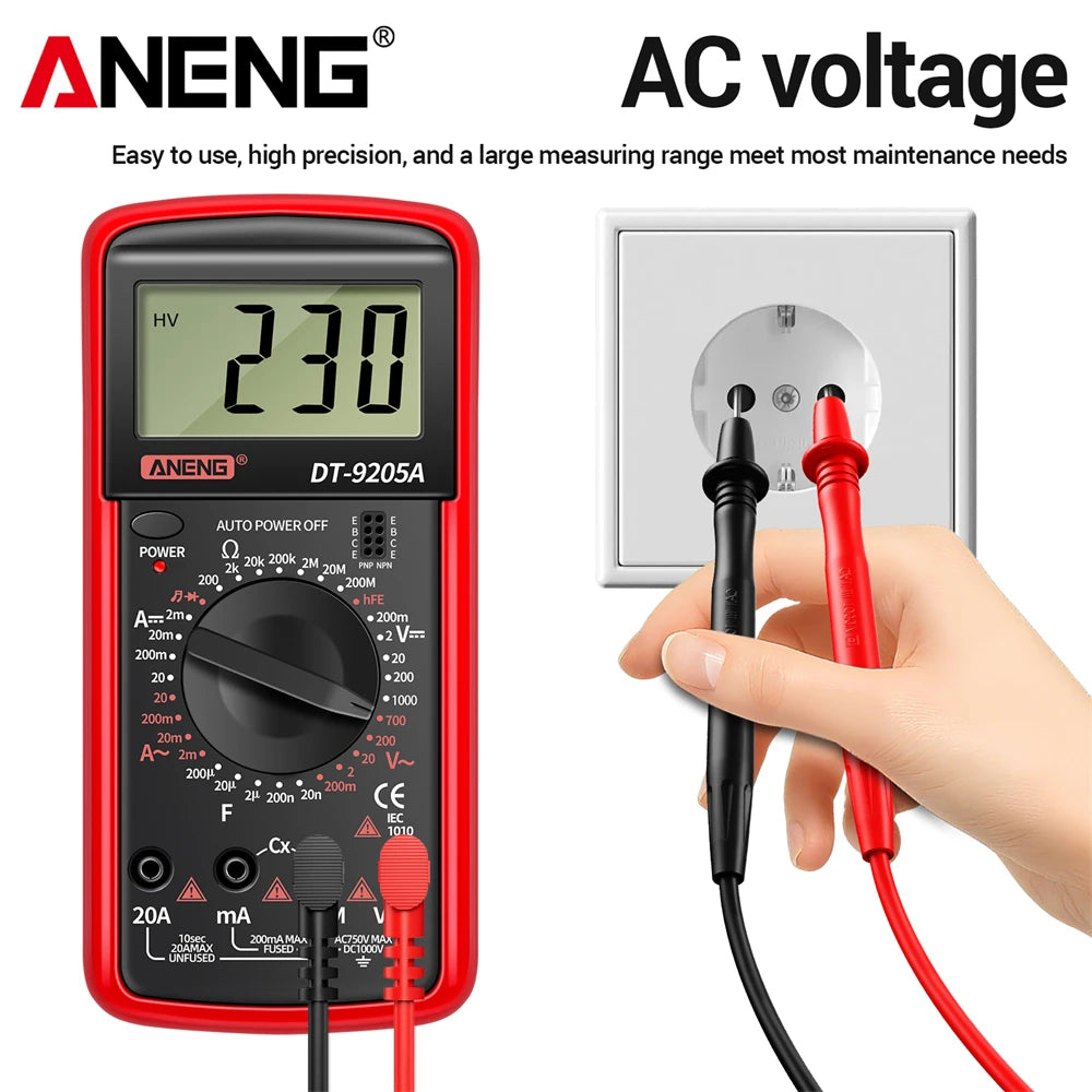 Multimètre numérique professionnel ANENG DT9205A 1999 points True RMS testeur de tension de Transistor AC/DC outil multimètre à plage automatique