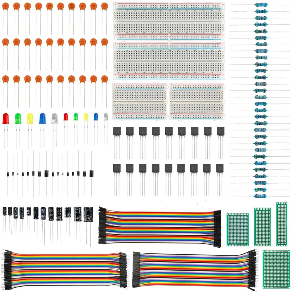 Paquet de composants électroniques 1628 pièces, platine de prototypage, Diode de condensateur de résistances, fil Dupont, carte PCB, Kit de transistors