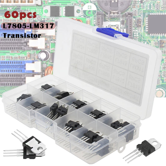 Kit d'assortiment de transistors, 60 pièces, LM317T L7805 L7806 L7809 L7812 L7815 L7824 L7905-L7915, 10 Types de boîte de régulateur de tension, chaque 6 pièces