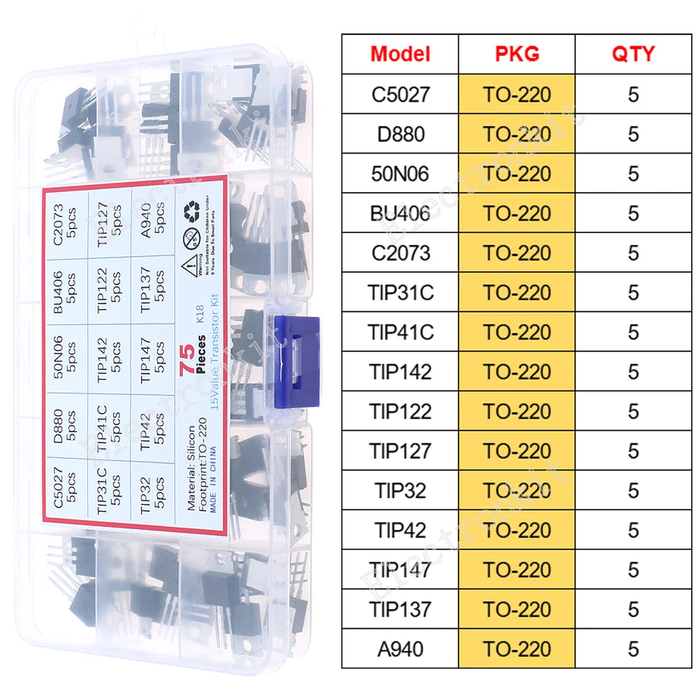 SOP-23 SOP-223 TO-252 TO-92 TO-92L TO-126 TO-220 Mosfet Triode Thyristor régulateur de tension PNP/NPN Kit d'assortiment de transistors