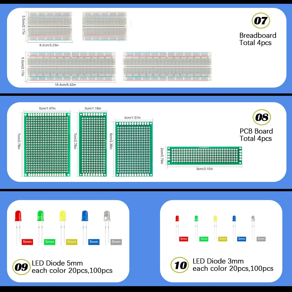 Paquet de composants électroniques 1628 pièces, platine de prototypage, Diode de condensateur de résistances, fil Dupont, carte PCB, Kit de transistors