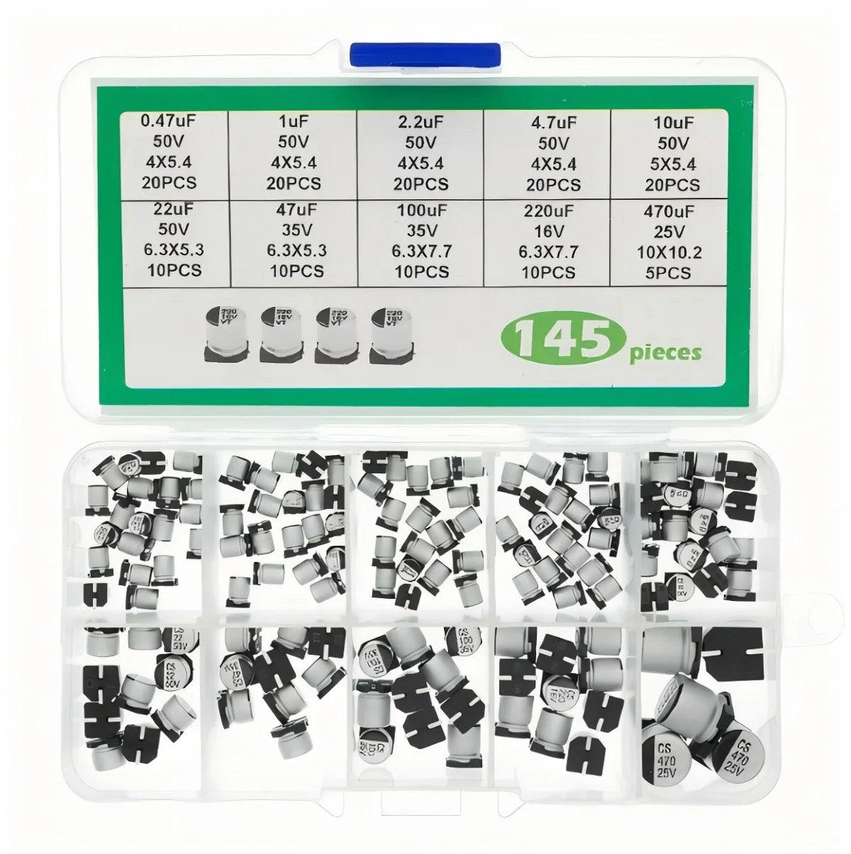 145 pièces/400 pièces kit condensateur électrolytique en aluminium SMD condensateurs electrolíticos 1uF ~ 1000uF 6.3V-50V 10/24 valeur avec kit de boîte