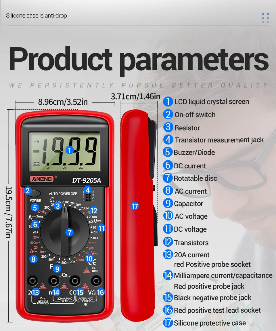 Multimètre numérique professionnel ANENG DT9205A 1999 points True RMS testeur de tension de Transistor AC/DC outil multimètre à plage automatique