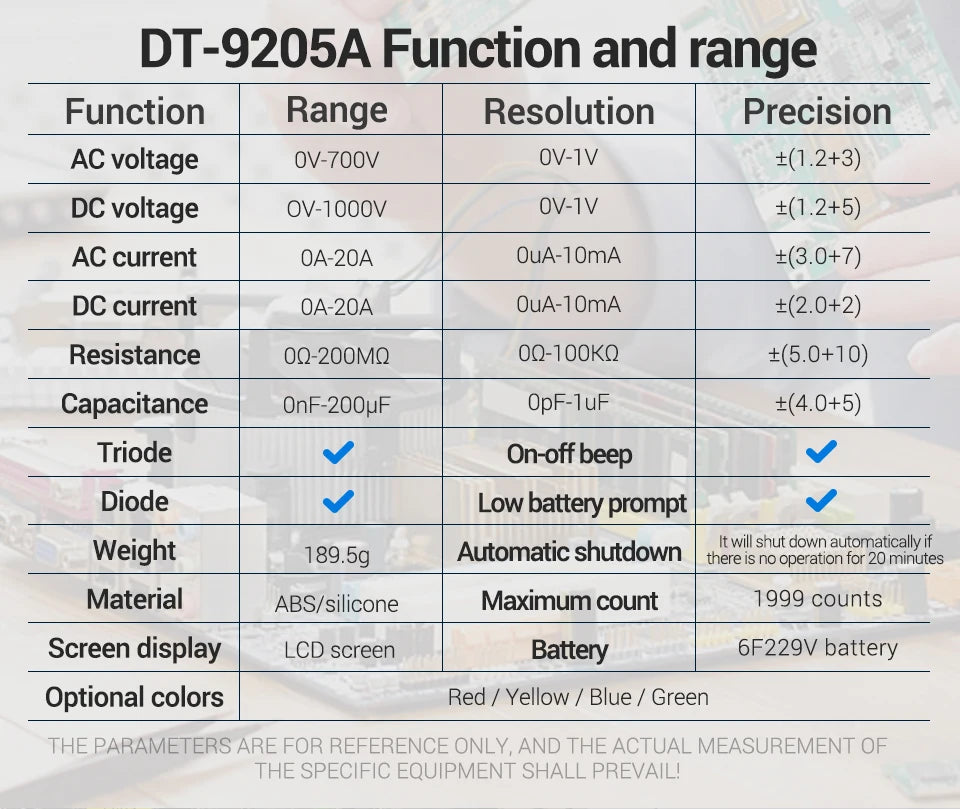 Multimètre numérique professionnel ANENG DT9205A 1999 points True RMS testeur de tension de Transistor AC/DC outil multimètre à plage automatique