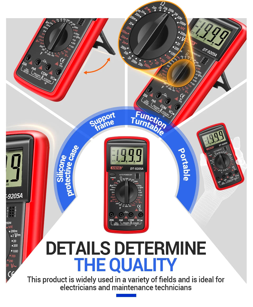 Multimètre numérique professionnel ANENG DT9205A 1999 points True RMS testeur de tension de Transistor AC/DC outil multimètre à plage automatique