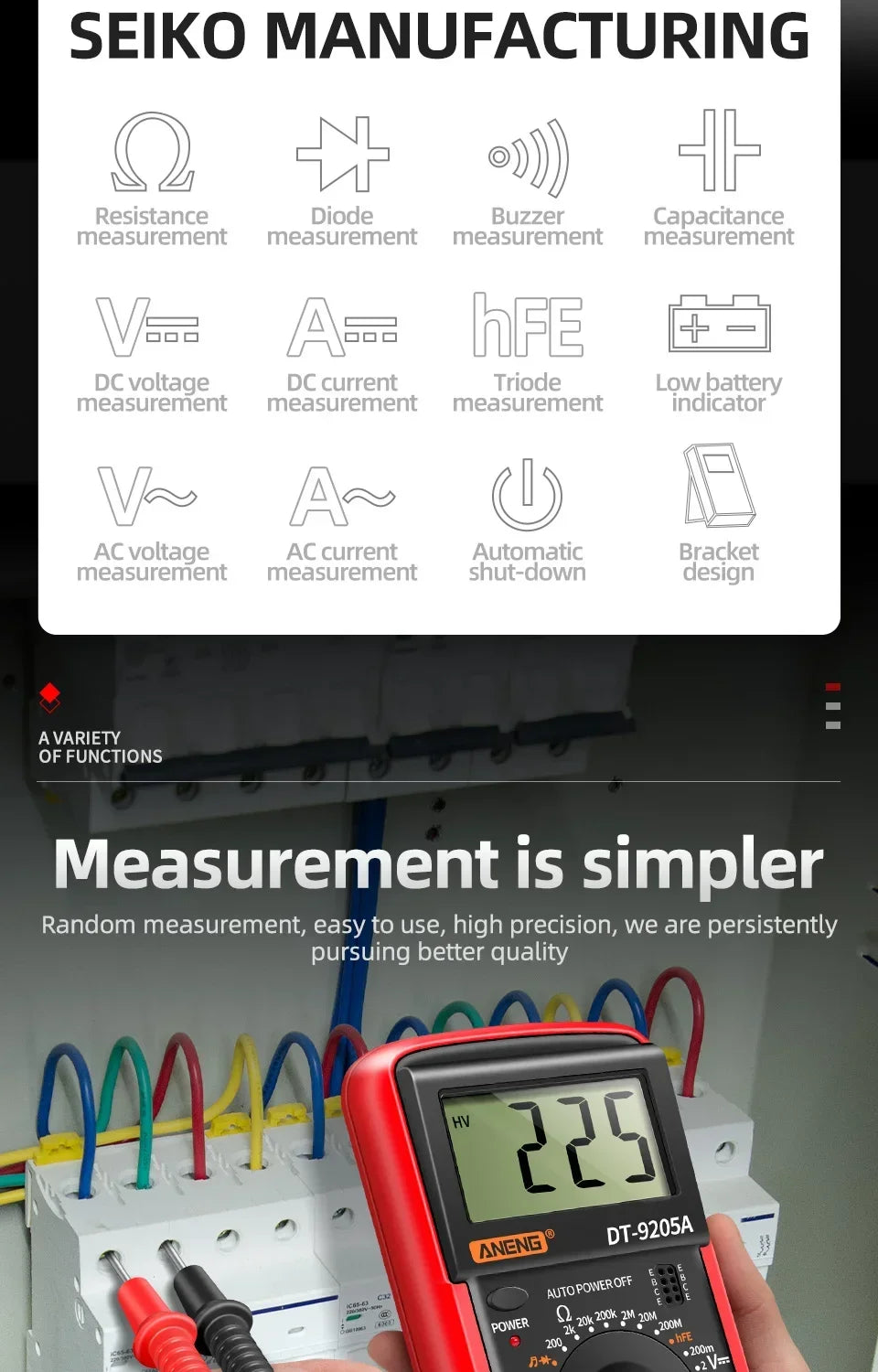 ANENG DT9205A multimètre numérique testeur de Transistor AC/DC compteur de Test électrique NCV professionnel analogique gamme automatique multimètre