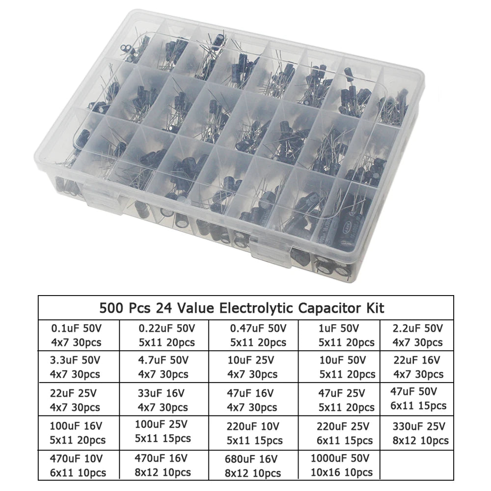 120/200/500 pièces 16V 25V 50V 0.1uF - 1000uF condensateur électrolytique en aluminium Kit assorti boîte 1uF 4.7uF 10uF 47uF 220uF 330uF 470uF