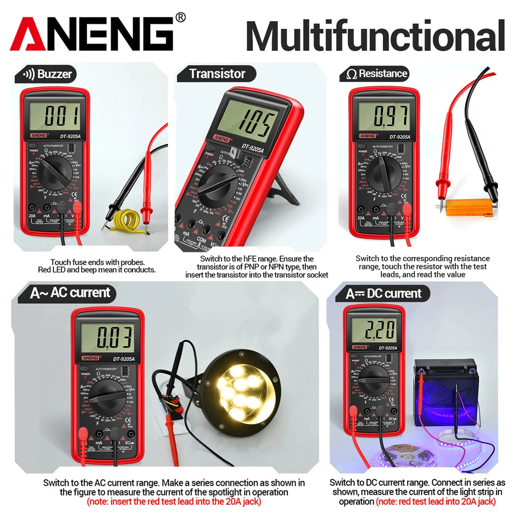 Multimètre numérique professionnel ANENG DT9205A 1999 points True RMS testeur de tension de Transistor AC/DC outil multimètre à plage automatique