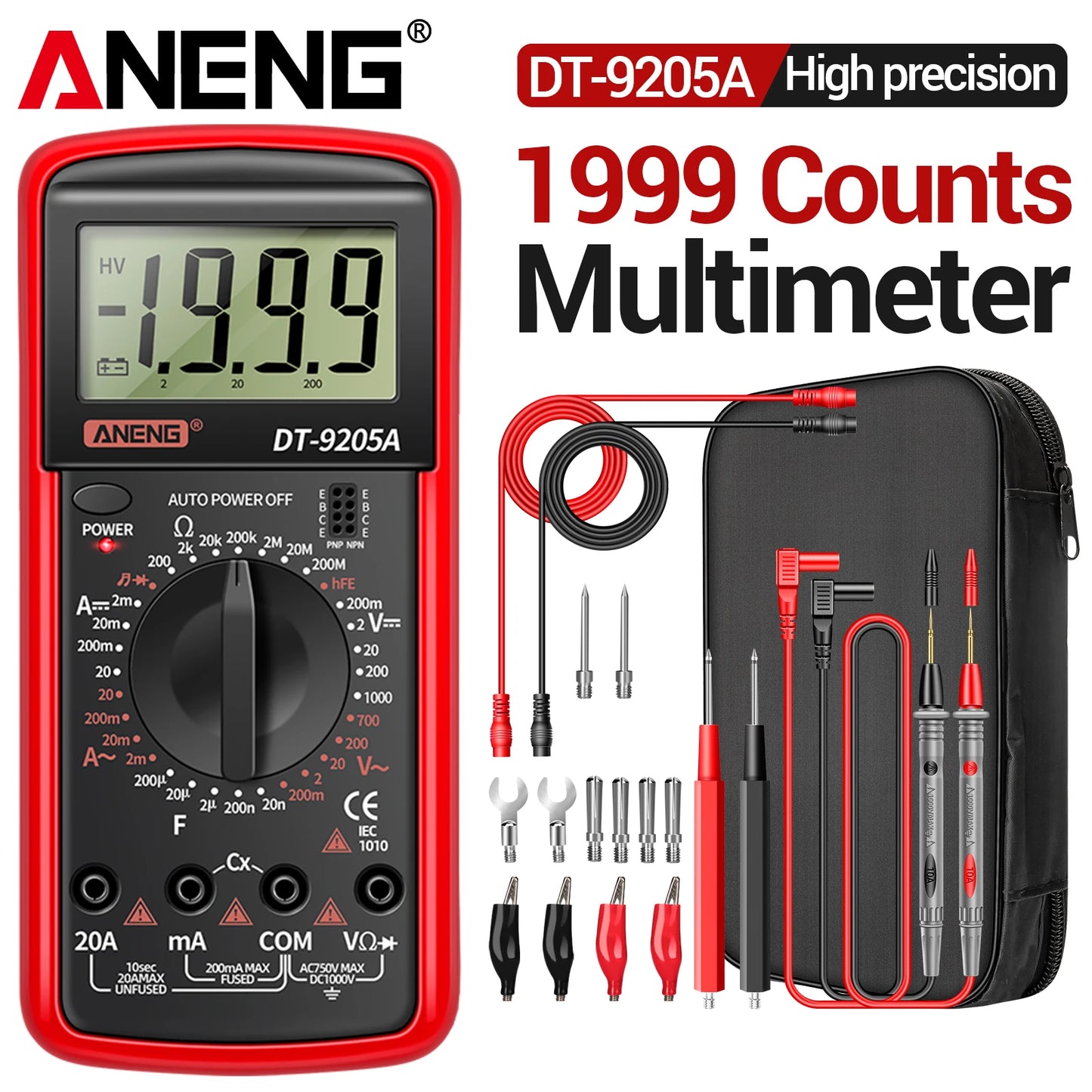 Multimètre numérique professionnel ANENG DT9205A 1999 points True RMS testeur de tension de Transistor AC/DC outil multimètre à plage automatique