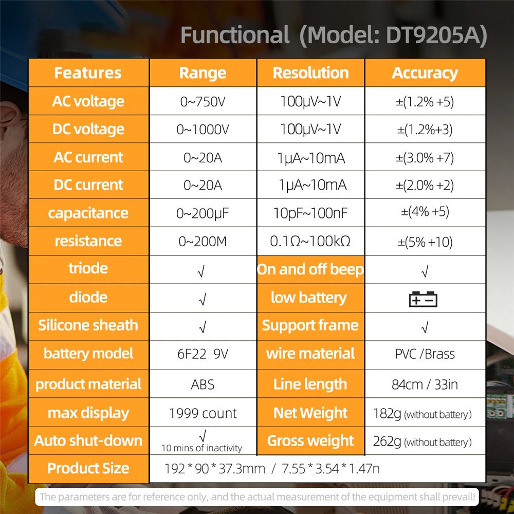 Multimètre professionnel numérique DT9205A DMM, hFE AC DC, tension, courant 1000V 20A, capacité, résistance, testeur de Diode de continuité