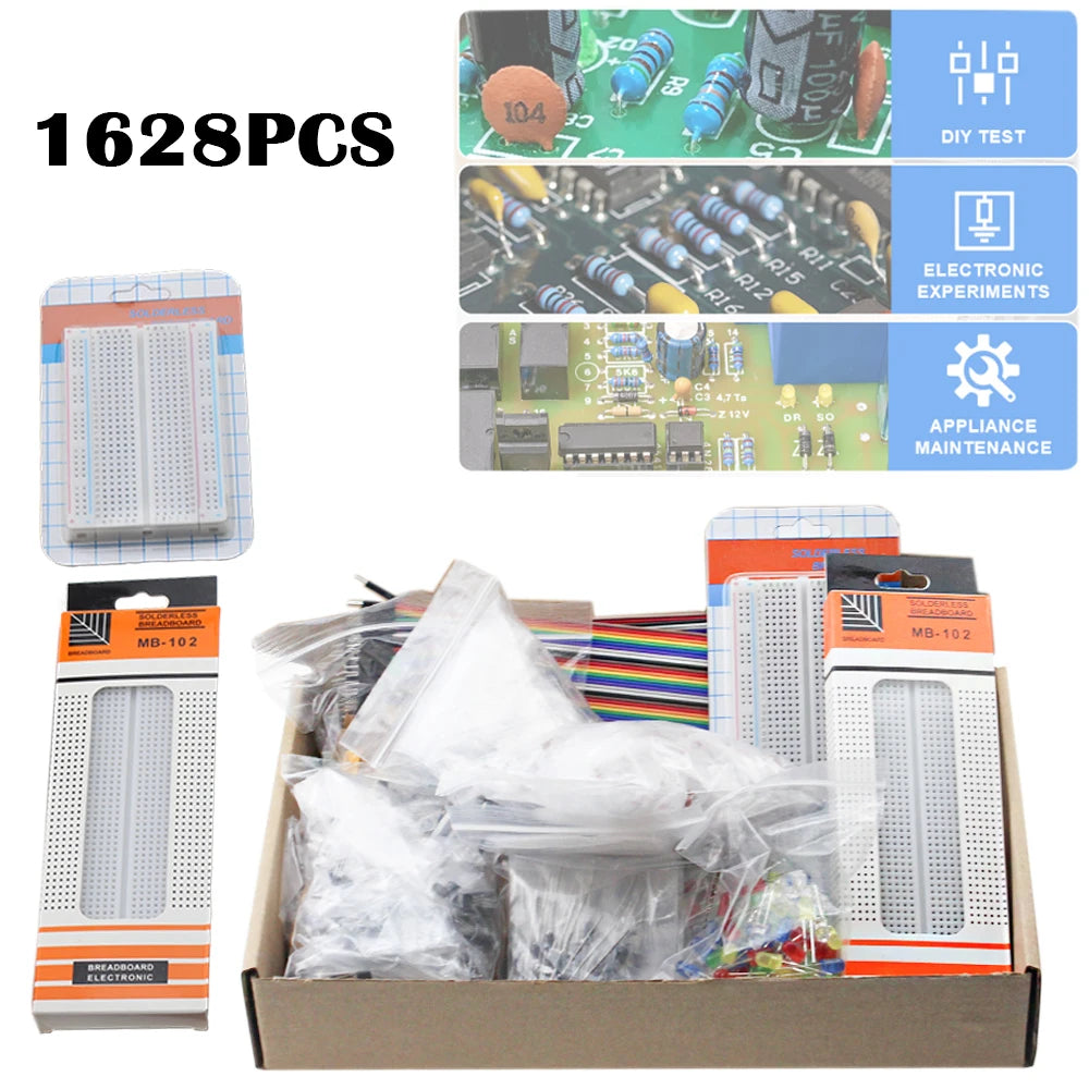 Paquet de composants électroniques 1628 pièces, platine de prototypage, Diode de condensateur de résistances, fil Dupont, carte PCB, Kit de transistors