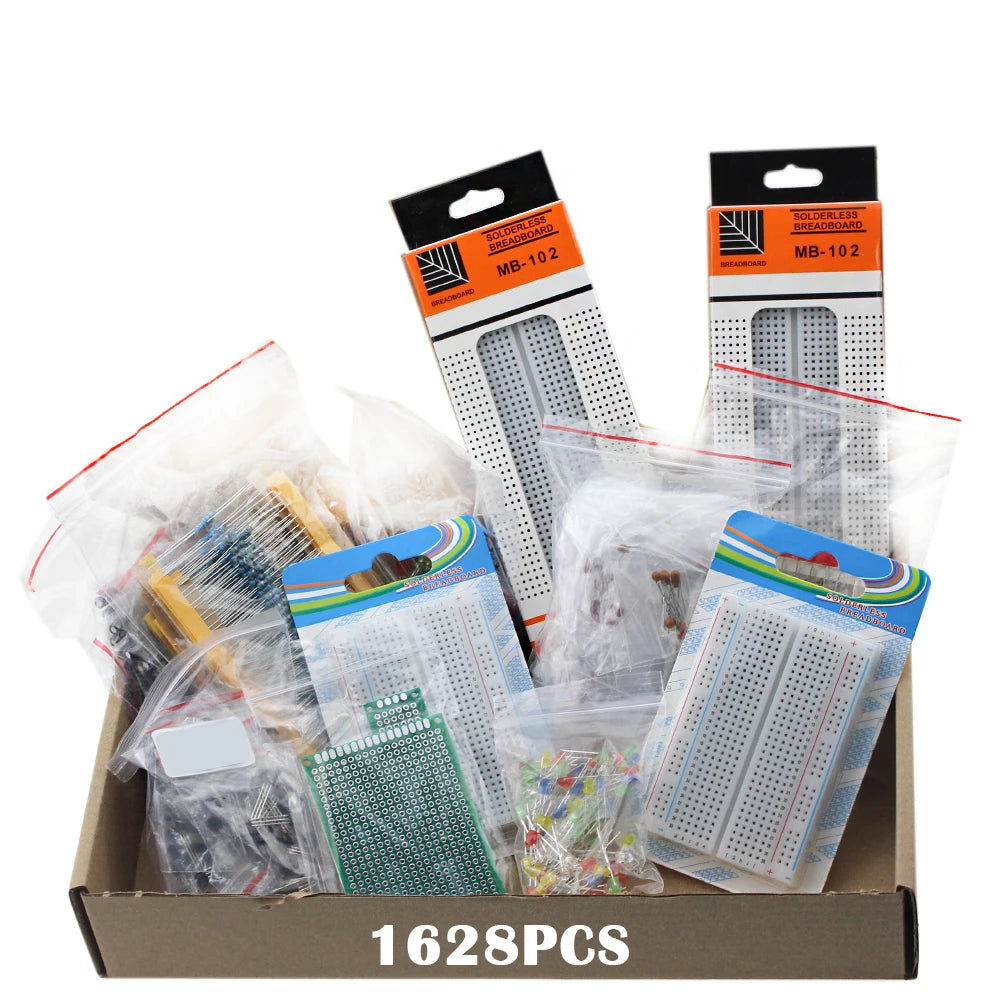 Paquet de composants électroniques 1628 pièces, platine de prototypage, Diode de condensateur de résistances, fil Dupont, carte PCB, Kit de transistors