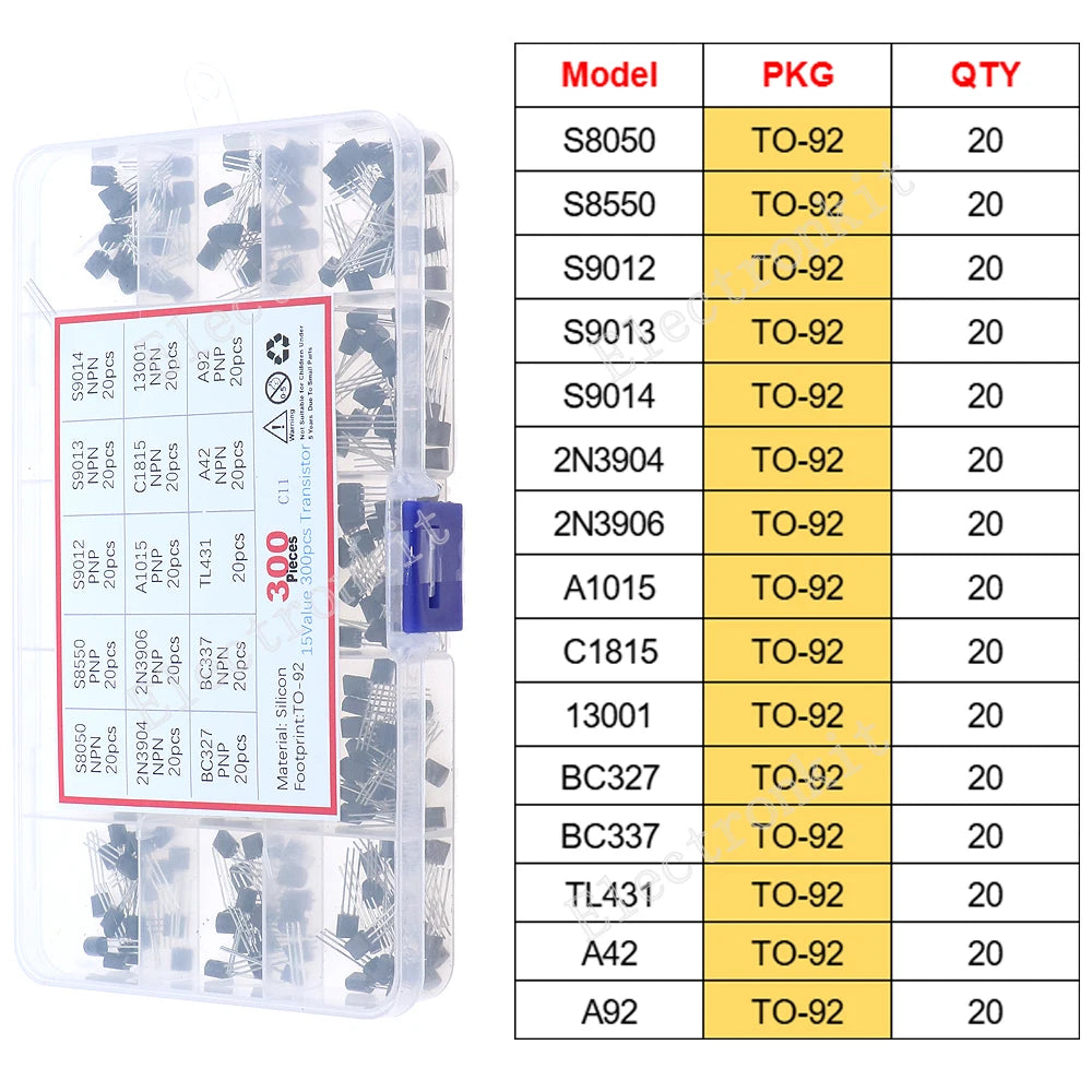 SOP-23 SOP-223 TO-252 TO-92 TO-92L TO-126 TO-220 Mosfet Triode Thyristor régulateur de tension PNP/NPN Kit d'assortiment de transistors