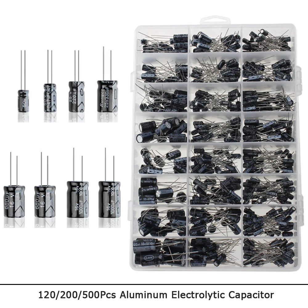 120/200/500 pièces 16V 25V 50V 0.1uF - 1000uF condensateur électrolytique en aluminium Kit assorti boîte 1uF 4.7uF 10uF 47uF 220uF 330uF 470uF