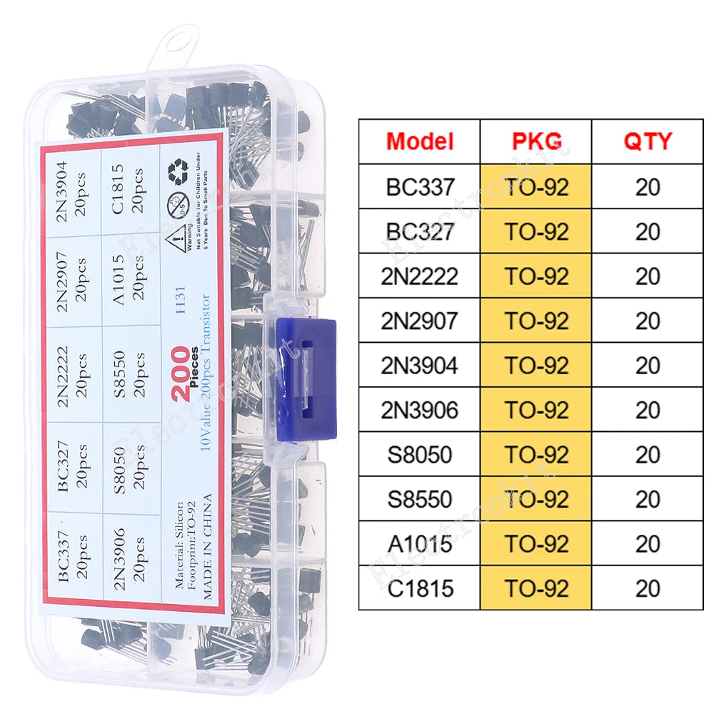 SOP-23 SOP-223 TO-252 TO-92 TO-92L TO-126 TO-220 Mosfet Triode Thyristor régulateur de tension PNP/NPN Kit d'assortiment de transistors
