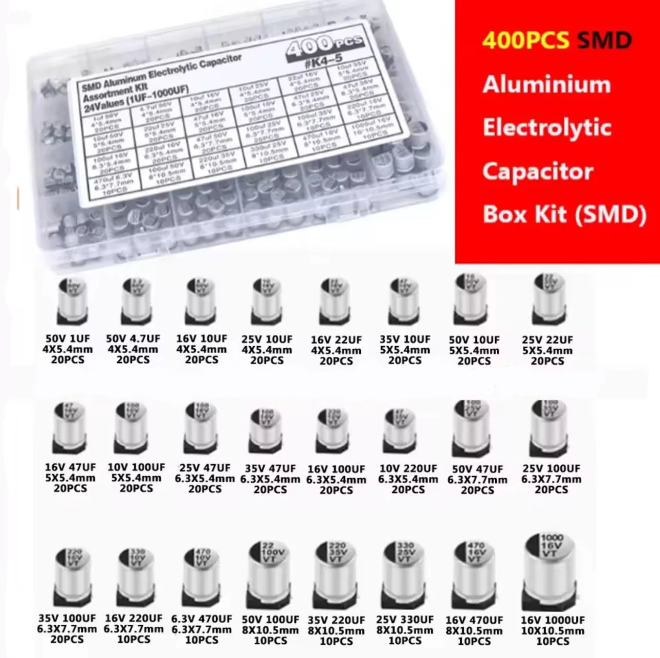 145 pièces/400 pièces kit condensateur électrolytique en aluminium SMD condensateurs electrolíticos 1uF ~ 1000uF 6.3V-50V 10/24 valeur avec kit de boîte