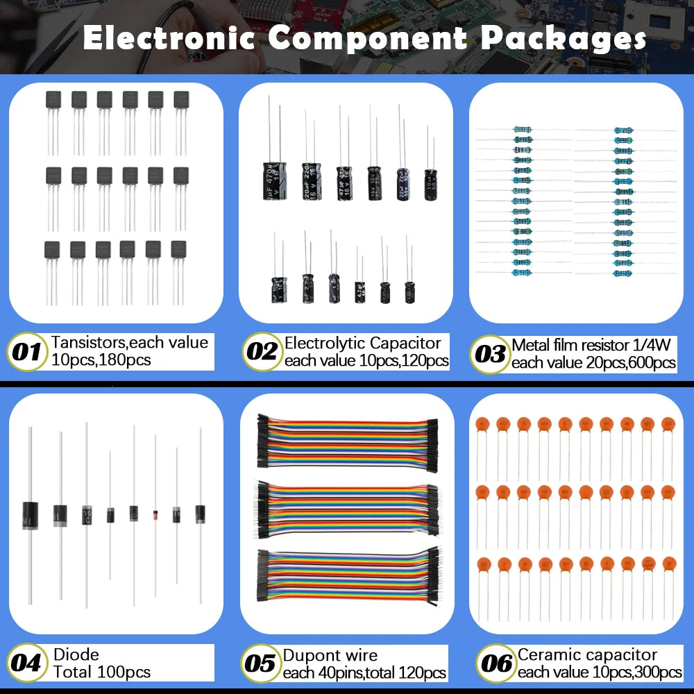 Paquet de composants électroniques 1628 pièces, platine de prototypage, Diode de condensateur de résistances, fil Dupont, carte PCB, Kit de transistors