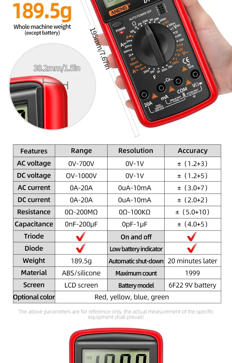ANENG DT9205A multimètre numérique testeur de Transistor AC/DC compteur de Test électrique NCV professionnel analogique gamme automatique multimètre