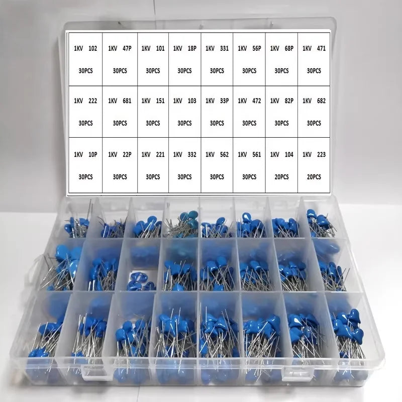 700 pièces, 24 valeurs 0,1nF- 22nF 1KV assortiment de condensateurs céramiques haute tension bleus kit de boîte mixte