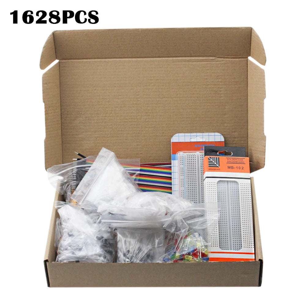 Paquet de composants électroniques 1628 pièces, platine de prototypage, Diode de condensateur de résistances, fil Dupont, carte PCB, Kit de transistors