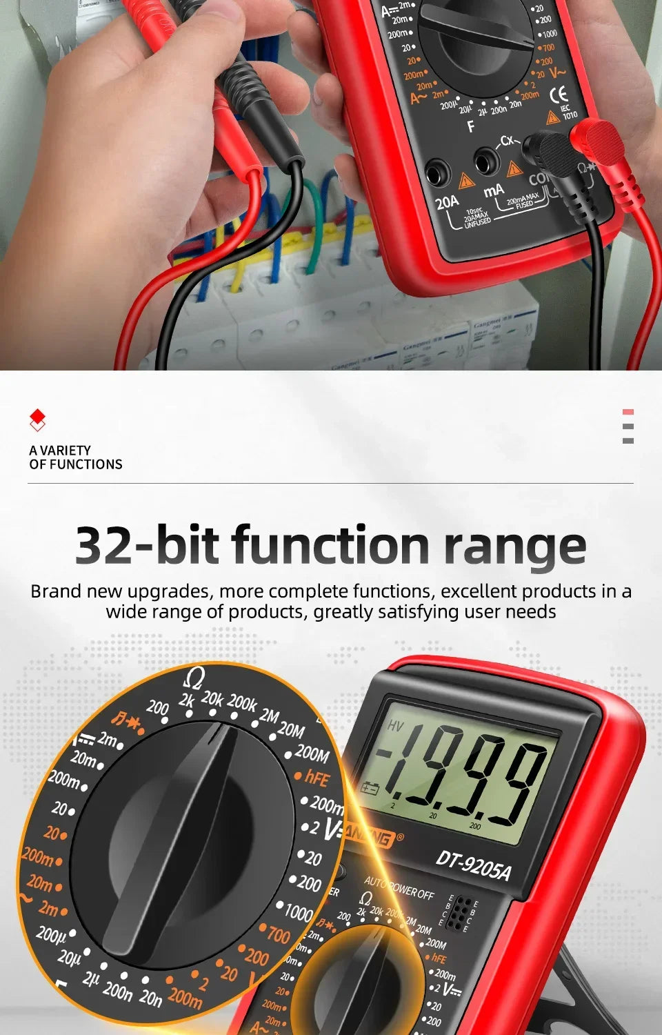 ANENG DT9205A multimètre numérique testeur de Transistor AC/DC compteur de Test électrique NCV professionnel analogique gamme automatique multimètre