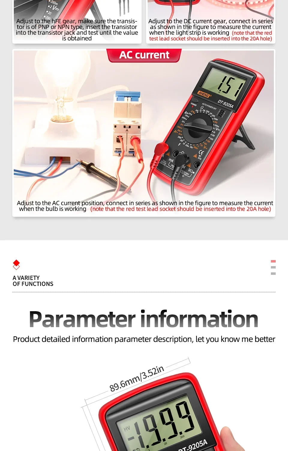 ANENG DT9205A multimètre numérique testeur de Transistor AC/DC compteur de Test électrique NCV professionnel analogique gamme automatique multimètre