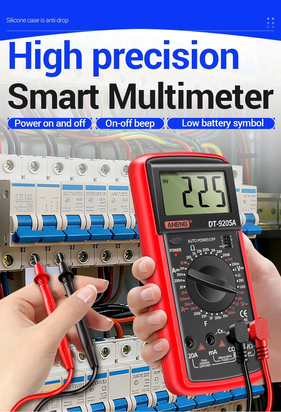 Multimètre numérique professionnel ANENG DT9205A 1999 points True RMS testeur de tension de Transistor AC/DC outil multimètre à plage automatique