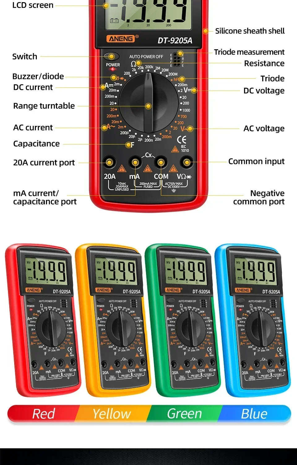 ANENG DT9205A multimètre numérique testeur de Transistor AC/DC compteur de Test électrique NCV professionnel analogique gamme automatique multimètre