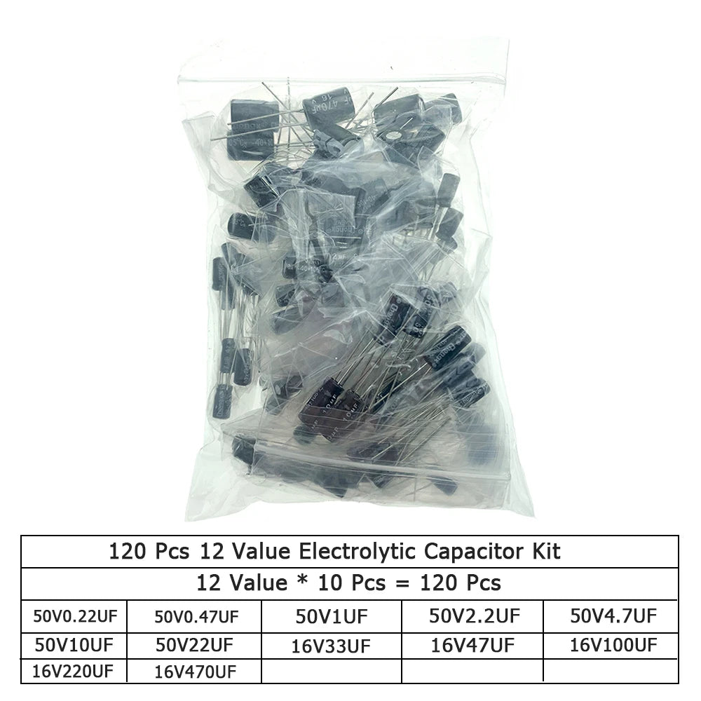 120/200/500 pièces 16V 25V 50V 0.1uF - 1000uF condensateur électrolytique en aluminium Kit assorti boîte 1uF 4.7uF 10uF 47uF 220uF 330uF 470uF