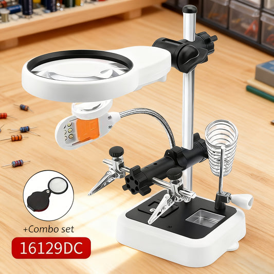 2-Pack Small Soldering Station with LED Light & Adjustable Magnifying Glass - 3.5X/5X/8X Magnification, 3-Position Height Adjustment, Compact Portable Design for Electronics