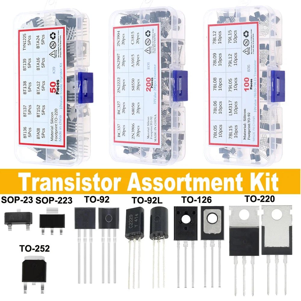 SOP - 23 SOP - 223 TO - 252 TO - 92 TO - 92L TO - 126 TO - 220 Mosfet Triode Thyristor régulateur de tension PNP/NPN Kit d'assortiment de transistors - electronique val - alain